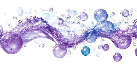 Purple and blue water splashes with bubbles isolated on white