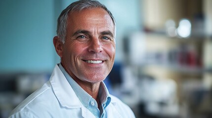 Smiling veterinarian in white coat, radiating warmth and professionalism, embodying compassionate care for animals.