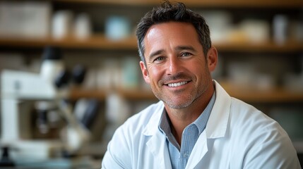Obraz premium Smiling veterinarian in white coat, radiating warmth and professionalism, embodying compassionate care for animals.