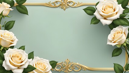 Cream roses surround a gold ornate frame a sage green background, ideal invitations greeting cards.