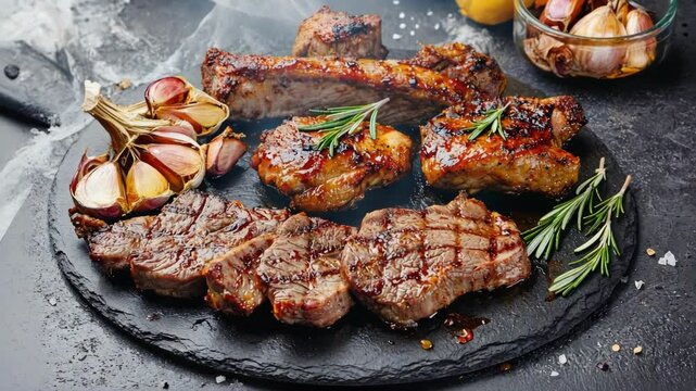 A close-up of grilled meats with fresh herbs, showcasing a gourmet food presentation that highlights cooking techniques and flavor.