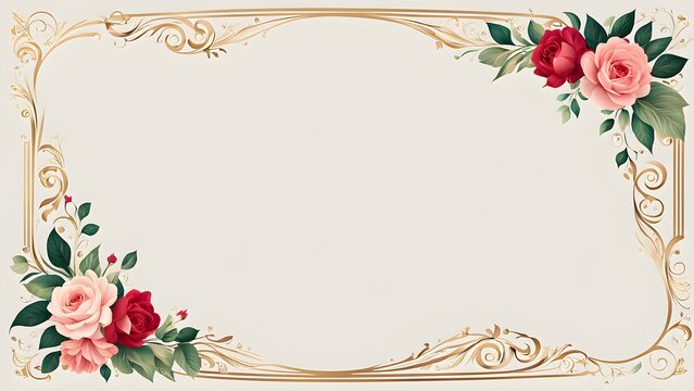 Romantic pink red roses adorn a golden ornate frame a beige background, perfect invitations announcements.