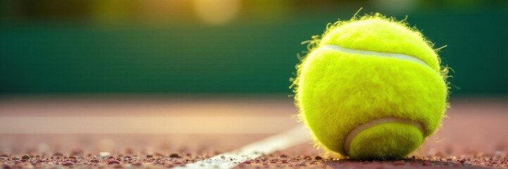 Fuzzy yellow tennis ball close-up, blurred court background, yellow, sporting goods
