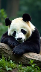 Fototapeta premium Giant panda soundly sleeping, sprawled on rock, day, wild