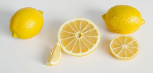 Arrangement of Fresh Yellow Lemons with Slices on White Background