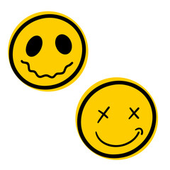 Yellow Grunge Smiley Faces with Distorted and Cross-Eyed Expressions on White Background.