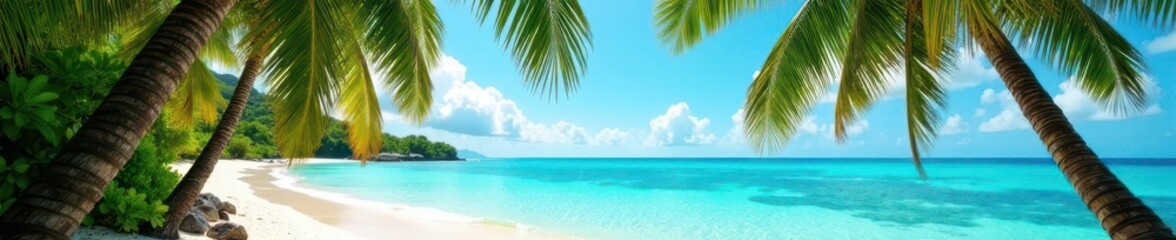 Lush palm trees frame idyllic beach, turquoise water ,  getaway,  freedom