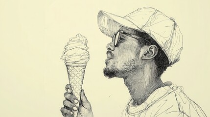 Fototapeta premium Detailed Hand-Drawn Illustration of a Young Man Enjoying an Ice Cream Cone with a Stylish Cap and Sunglasses in Artistic Style