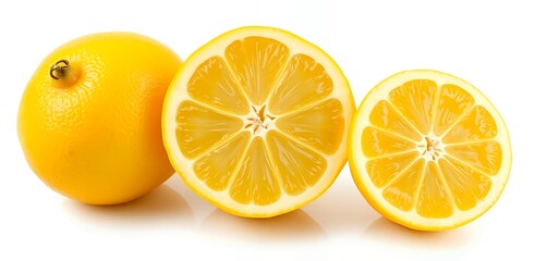 Fresh Lemons Whole and Halved on White Background Displaying Juicy Interior