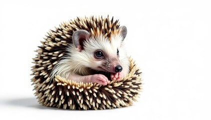 Obraz premium Tiny hedgehog curled in a ball, isolated on pure white background, isolated, background, wild