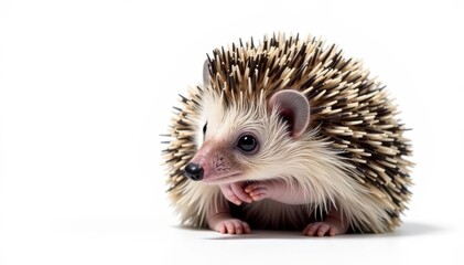 Obraz premium Tiny hedgehog, curled in self-defense, isolated on pure white background, woodland creature, fur