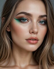 Obraz premium young woman with green eyeliner makeup close-up