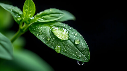 Fototapeta premium Close Up of Green Leaf with Water Droplets on Dark Background