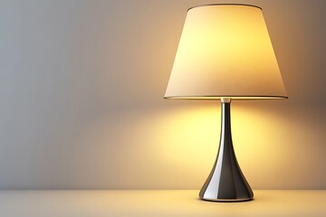 Modern table lamp illuminates a light gray wall. Possible use Interior design, home decor, office supplies