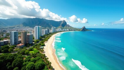 Stunning Honolulu cityscape, azure ocean backdrop, vacation, coast
