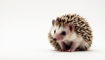 Tiny hedgehog on pure white background, curled in a ball , brown, exotic