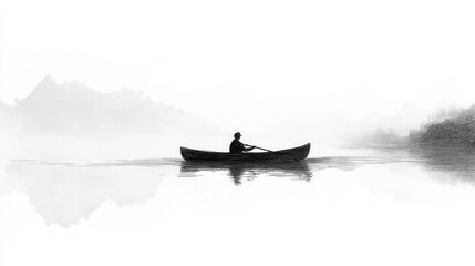 Serene Solo Journey on Calm Lake in Misty Landscape with Reflections of Mountains and Soft White Surroundings