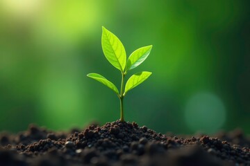Fototapeta premium Tiny tree sprout, isolated, showcasing vibrant green leaves and thin stem , sprout, white background
