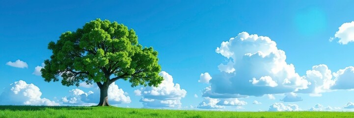 Obraz premium Tree against a bright blue sky with white clouds, landscape, branches, tree