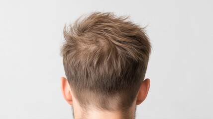 Obraz premium A close-up view of a man's short, textured hairstyle from the back, showcasing natural hair color and style.
