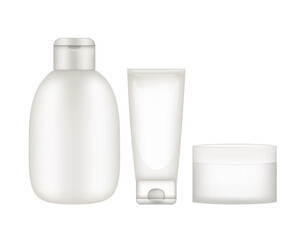 Set of cosmetic packaging showing a bottle, a tube and a jar