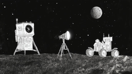 Obraz premium Mars Exploration with Rover and Spotlight at Night