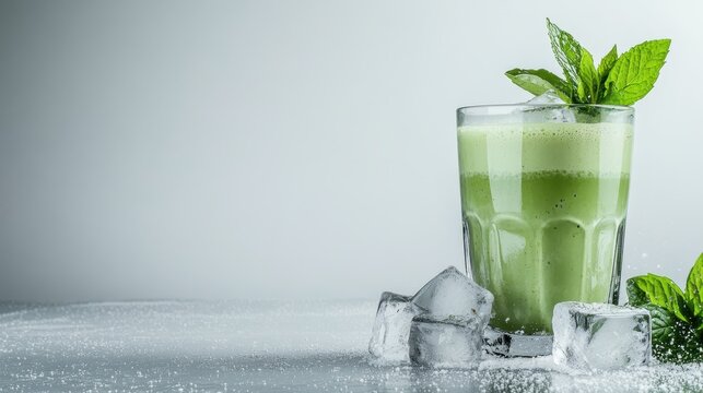 Refreshing Green Smoothie with Ice Cubes and Mint Leaves on a Clean Grey Background - Powered by Adobe