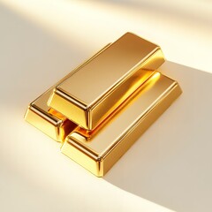 Polished gold bars neatly stacked on a clean white background, illuminated by soft diffused light, vibrant gold tones, sharp edges, and centered composition for a crisp and modern aesthetic.
