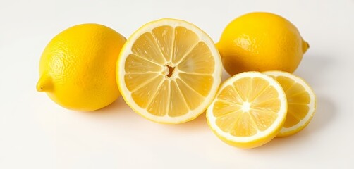 Arrangement of Fresh Yellow Lemons Whole Half and Sliced on White