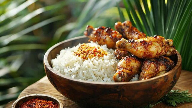 A wooden bowl filled with white rice, surrounded by chicken sizzling in oil and spices on the side, generative AI