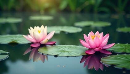 Water lilies, lotus flowers bloom across serene lake surface, bloom, design