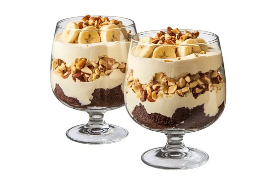 A photo of two clear glasses filled with a trifle dessert