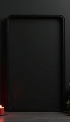 Sleek black frame, minimalist design against solid black backdrop, black background, clean lines, display