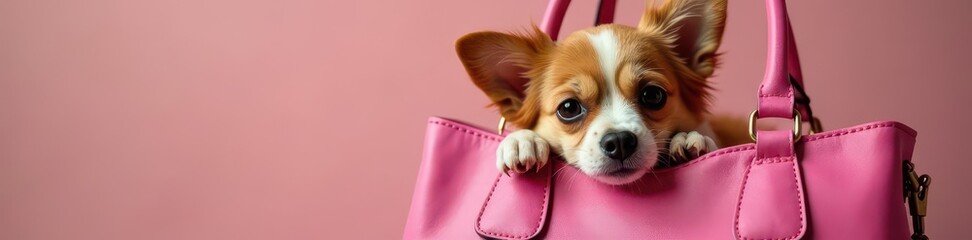 Small breed dog snuggled in pink designer handbag, maltese, pom