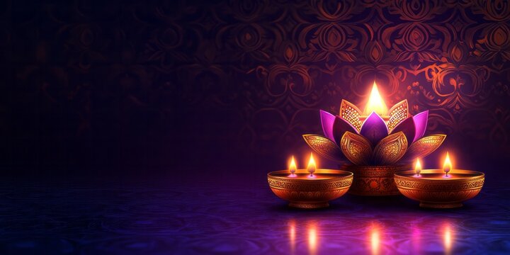 Beautiful lotus flower and diya lamps are lit brightly