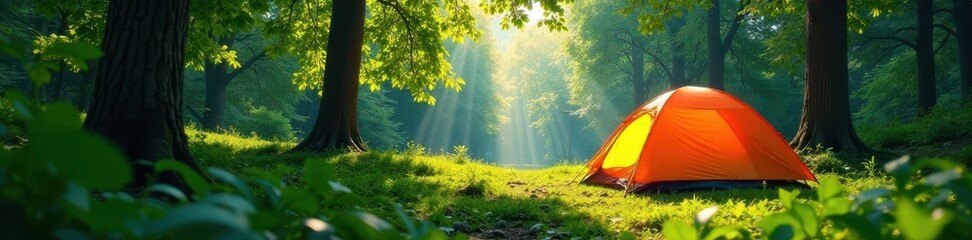 Summer forest, green canopy over camping tent, camping, tent, forest