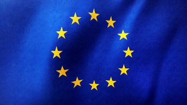 European Union Flag With Circle Of Yellow Stars Waving On Blue Field