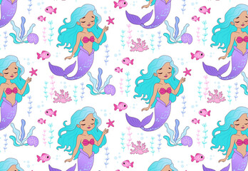 Vector seamless pattern with mysterious beautiful mermaid. Ocean, sea. Mermaid princess. Creative childish texture for fabric, packaging, textile, wallpaper.