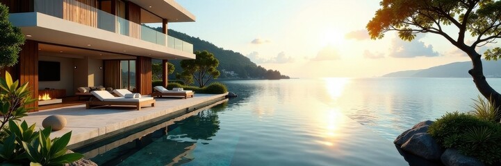 Fototapeta premium Sun-drenched waterfront home, expansive views , design, oceanfront