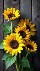 Sunflowers in vibrant bloom, rustic wooden backdrop, bloom, sunny, sunflowers