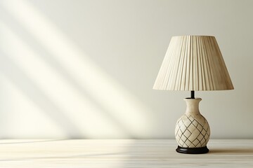 Beige table lamp on a light wooden surface, sunlit room