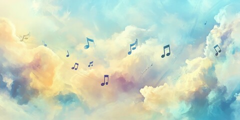 Music Notes in Sky: Musical notes float gracefully across a vivid, cloud-filled sky. Capturing a sense of serenity, dreams and imagination.