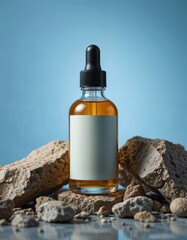 oil serum bottle product fitting between two rocks
