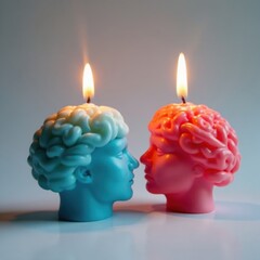 Two brain-shaped candles; one extinguished, one ablaze , power, decay, fire