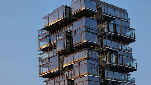 A modern glass tower stands against a sunset backdrop, showcasing innovative architecture and urban aesthetics.
