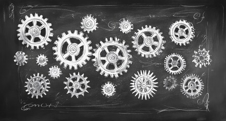 Interlocking metal gears on chalkboard background.