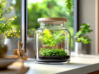A pristine clear glass terrarium graces a minimalist white desk, bathed in a gentle, diffused light Inside, a delicate fern thrives, its verdant fronds a miniature jungle The terrarium embodies an