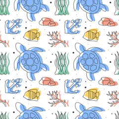 Oceans Seamless Pattern Design Featuring Ocean Decorative Elements in a Cartoon Flat Style Template Illustration