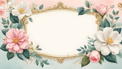 Pastel pink white flowers surrounding a gold ornate frame a soft pastel background.