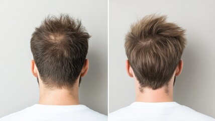 A man showing different hairstyles and hair thickness from behind, highlighting hair transformation.